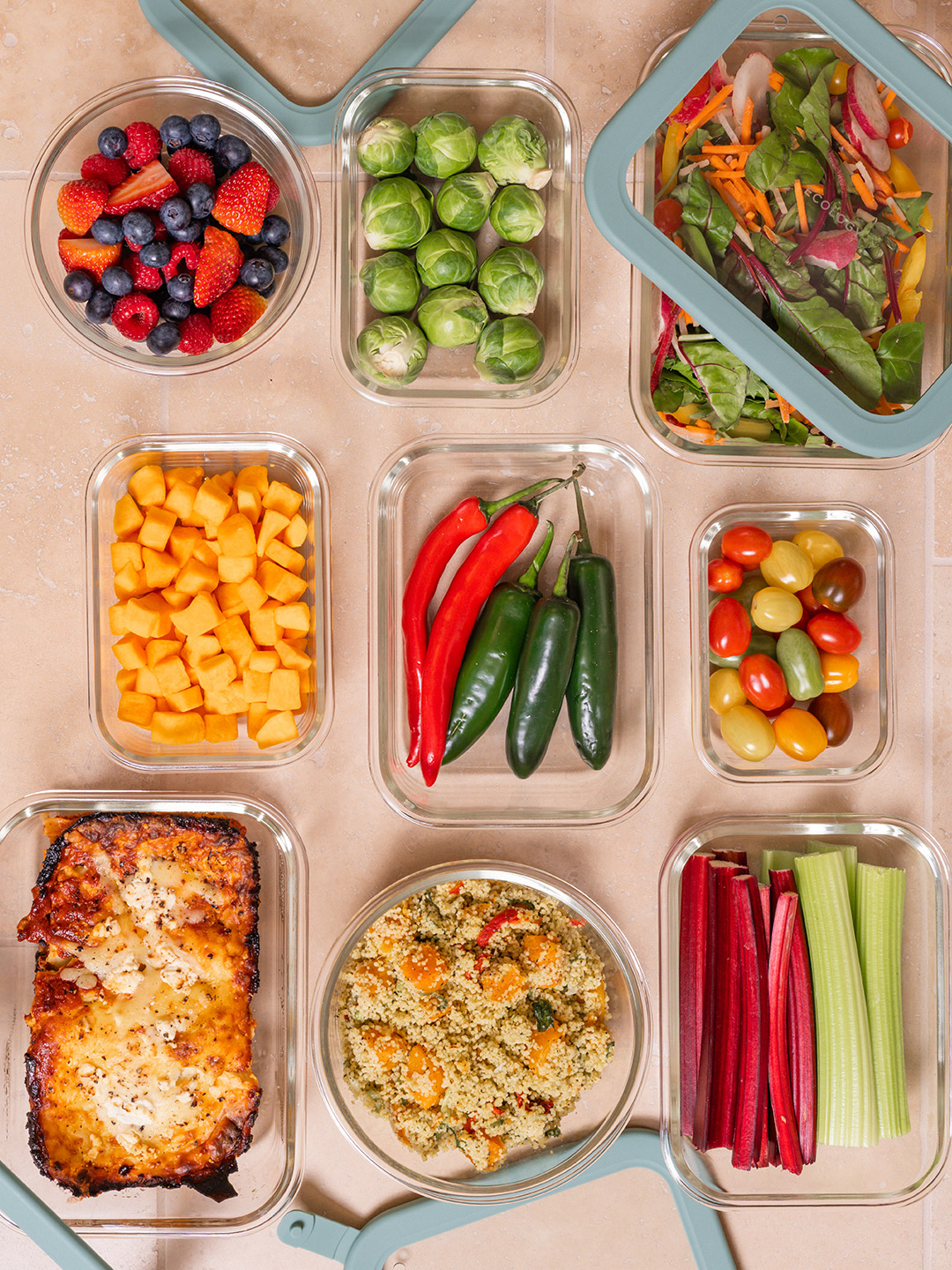 Ecology Store glass storage containers filled with fresh food